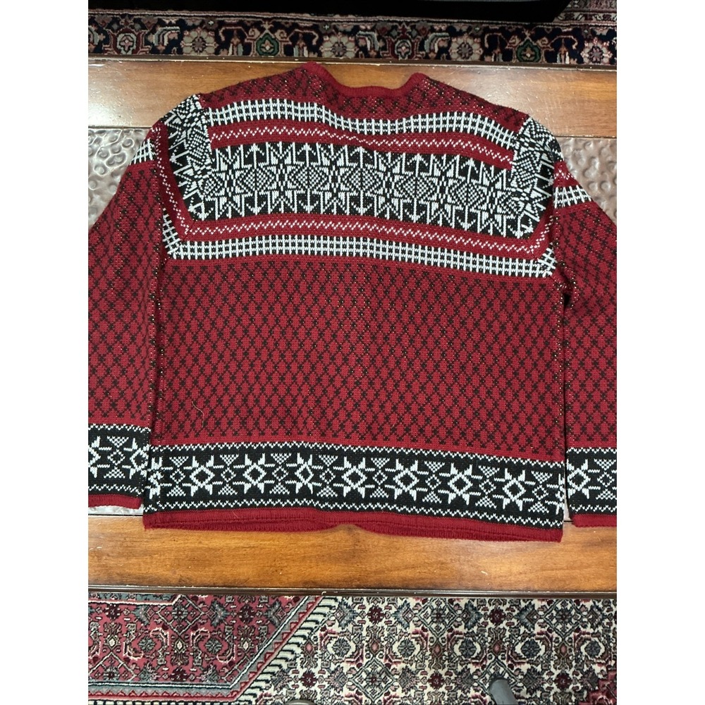 Vintage Fair Isle Cardigan Sweater, Large, Burgundy, Snowflakes - Picture 6 of 9